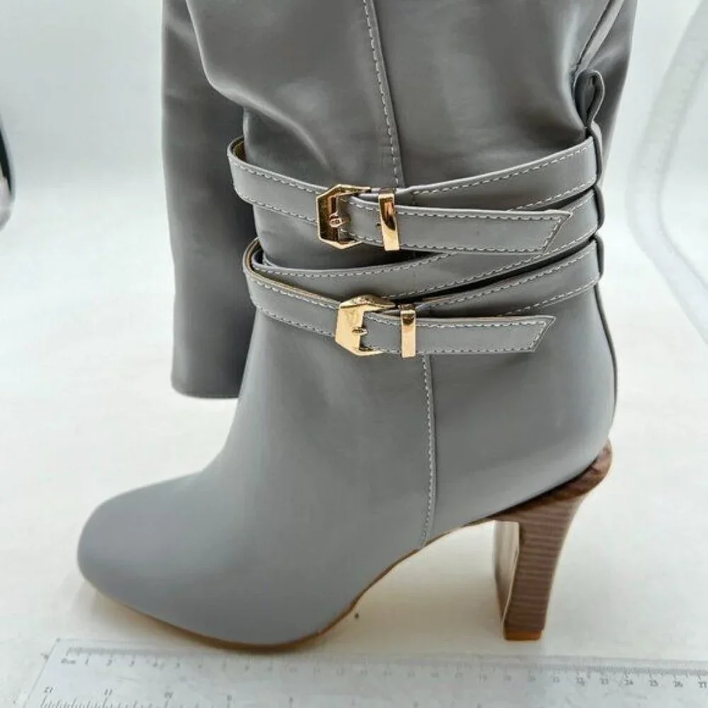 FSJ Women Fashion Knee High Long Boots Pull On Closed Toe Chunky Mid Heel Grey